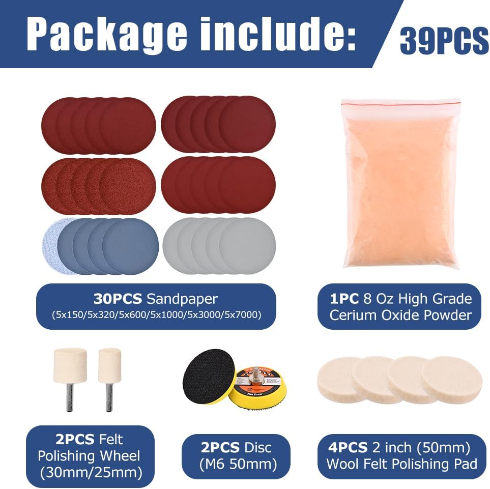Glass Polishing Kit. 39Pcs/Set Glass Scratch Remover. Deep Scratch Window Repair Tool. Window Windscreen Repair Kit with Cerium Oxide Polishing Powder Polish Pad and Wheel(Size:39pcs)