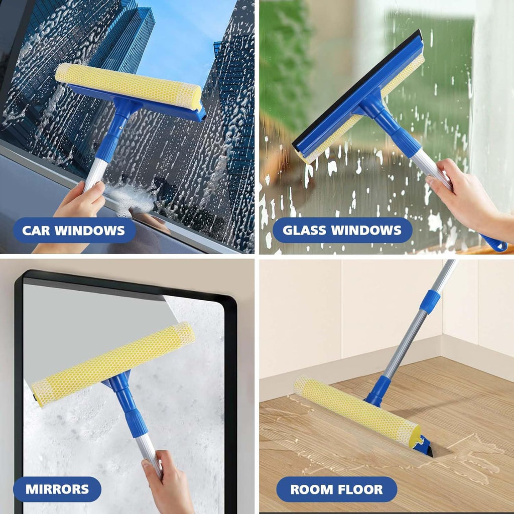 Professional Window Squeegee.2 in 1 Squeegee Window Cleaner with Long Stainless Steel Handle.Sponge Car Window Squeegee for Gas Station. Glass.Shower.Outdoor High Window Cleaning (Expansion Payment)