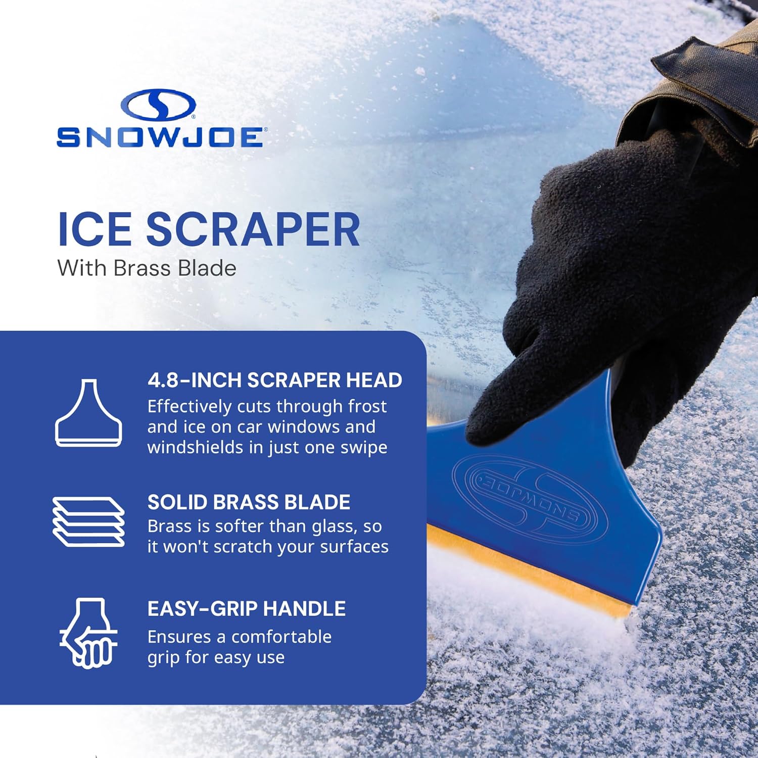 Snow Joe Brass Ice Scraper with Durable Brass Blade & Comfort Grip — Scratch-Safe Automotive Ice & Frost Remover for Windshields & Car Windows